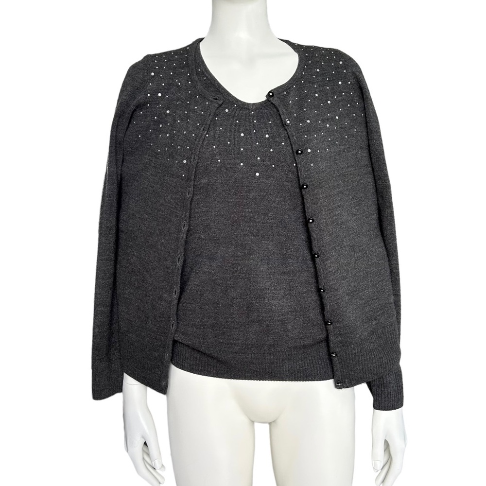 Karen Scott Grey Acrylic Cardigan And Pullover Sweater Set S